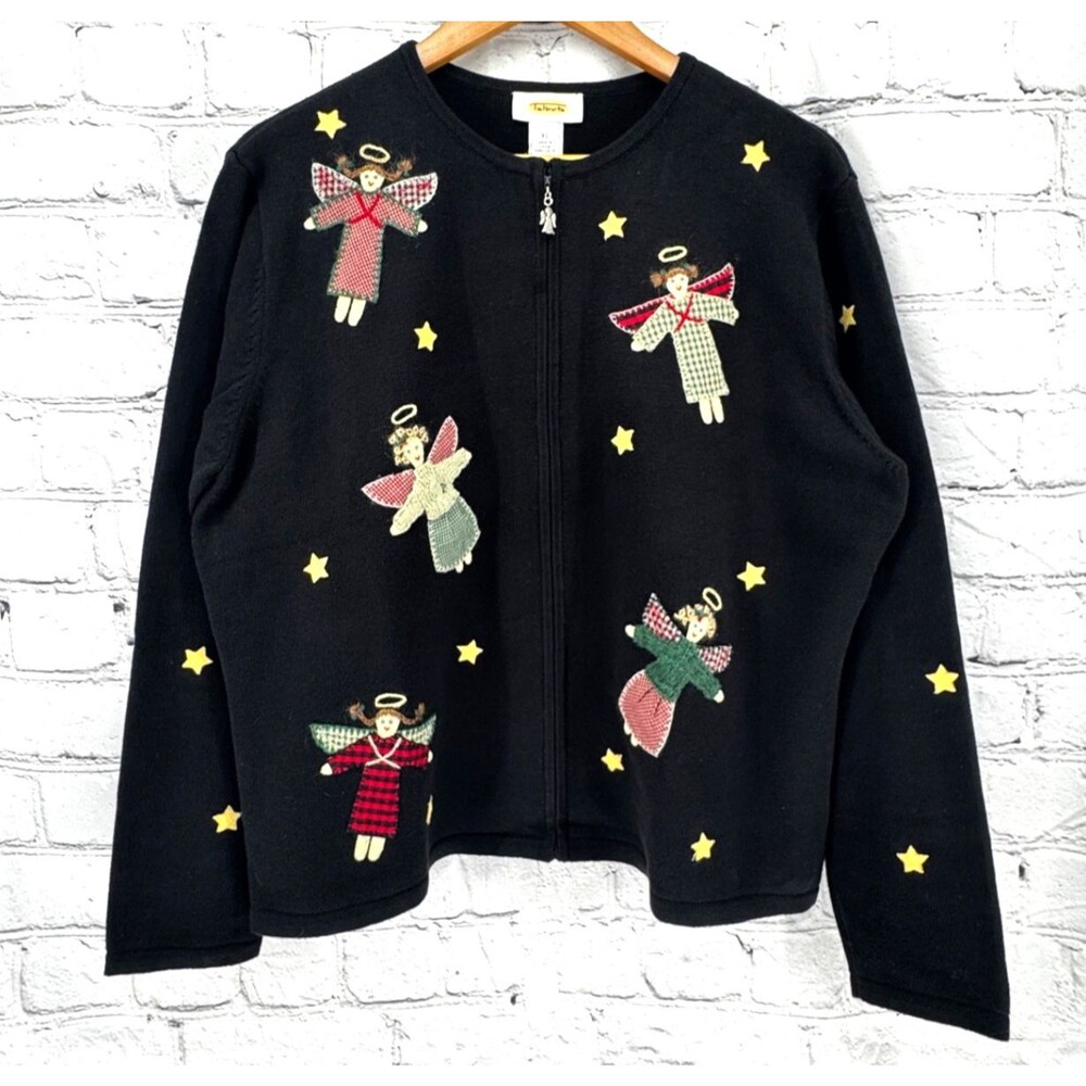 Vintage Talbots Cardigan Sweater Women's XL Black Angel Appliqué Full Zip Xmas